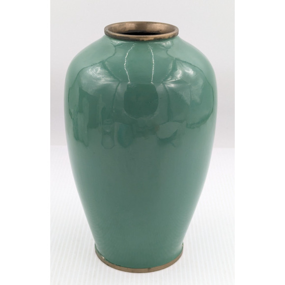 Green Enamel Brass Cloisonne Mother of Pearl Flower Bird Inlay Vase 10" Vintage - Picture 5 of 11